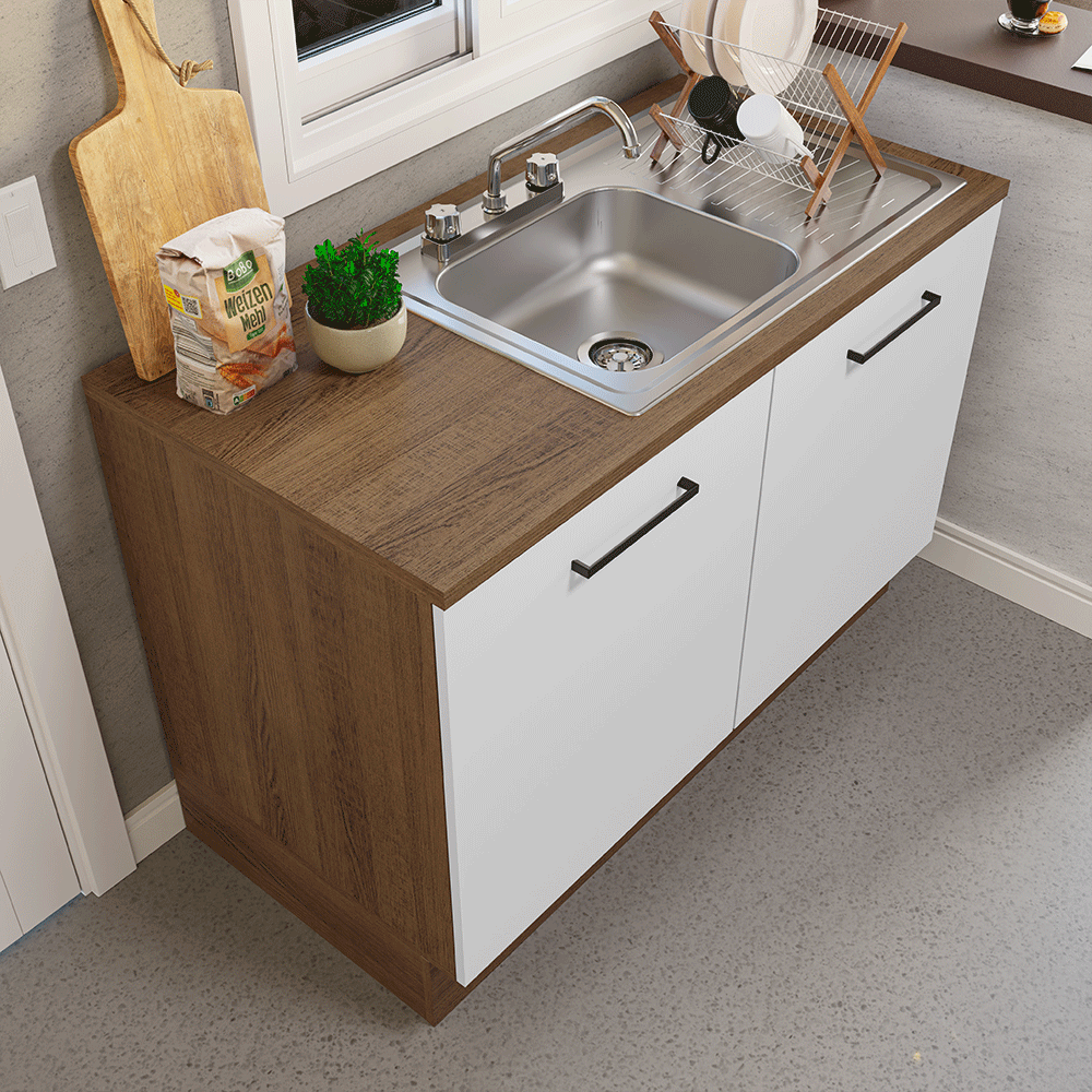 Gabinete Bajo para Fregadero con Accesorios de Cocina 120 x 60 cm 2 Puertas (Con Encimera) Agata Marrón/Blanco