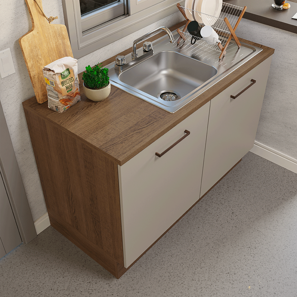 Gabinete Bajo para Fregadero con Accesorios de Cocina 120 x 60 cm 2 Puertas (Con Encimera) Agata Marrón/Crema