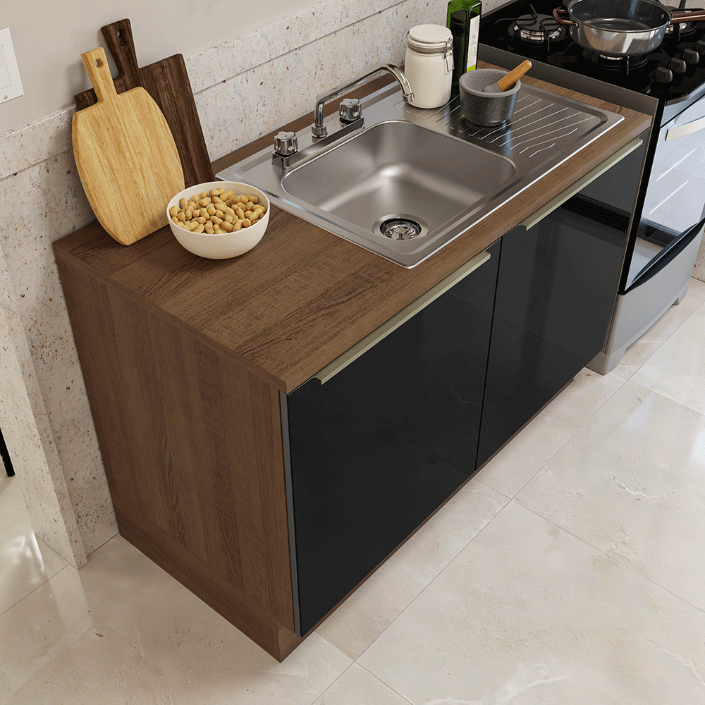 Gabinete Bajo para Fregadero con Accesorios de Cocina 120 cm 2 Puertas (Con Encimera) Lux Marrón/Negro