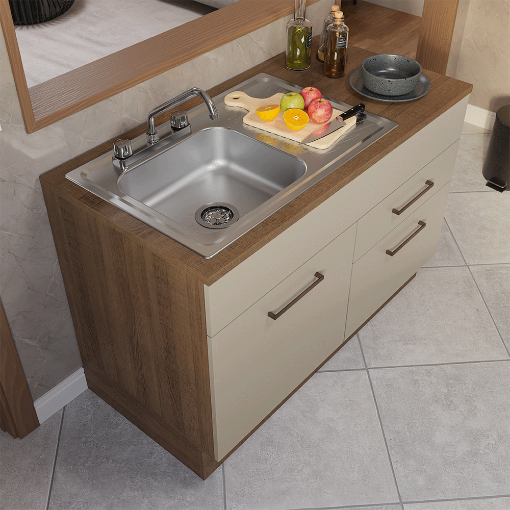 Gabinete Bajo para Fregadero con Accesorios de Cocina 120 cm 1 Puerta 2 Cajones Marrón/Crema Agata Madesa