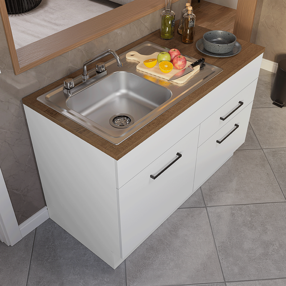 Gabinete Bajo para Fregadero con Accesorios de Cocina 120 cm 1 Puerta 2 Cajones Blanco/Marrón Agata Madesa