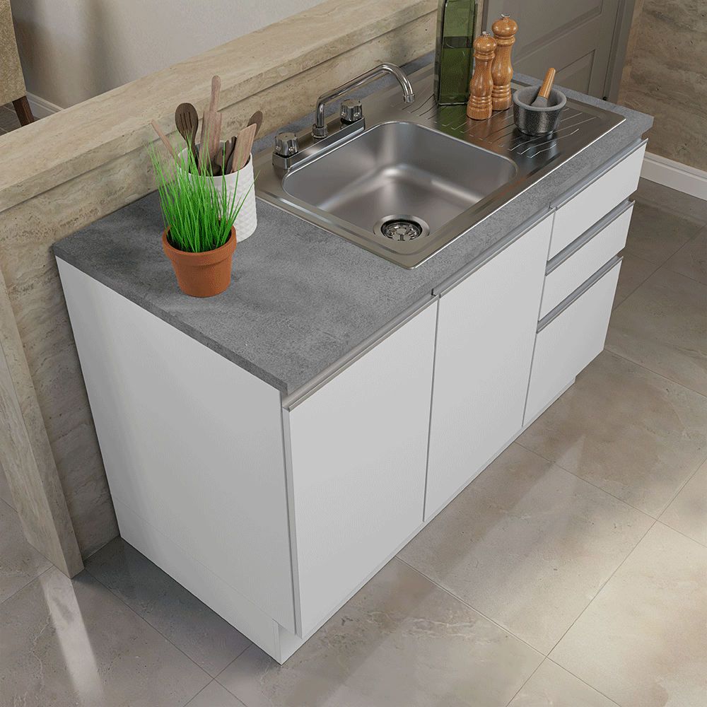 Gabinete Bajo para Fregadero con Accesorios de Cocina 120 x 60 cm 2 Puertas 3 Cajones (Con Encimera) Glamy Blanco