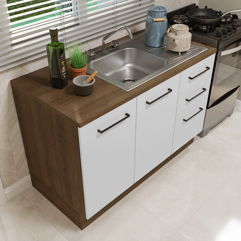 Gabinete Bajo para Fregadero con Accesorios de Cocina 120 cm 2 Puertas 3 Cajones Marrón/Blanco Agata Madesa
