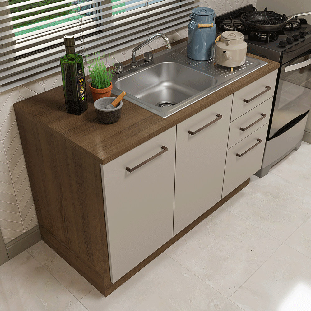 Gabinete Bajo para Fregadero con Accesorios de Cocina 120 x 60 cm 2 Puertas 3 Cajones (Con Encimera) Agata Marrón/Crema