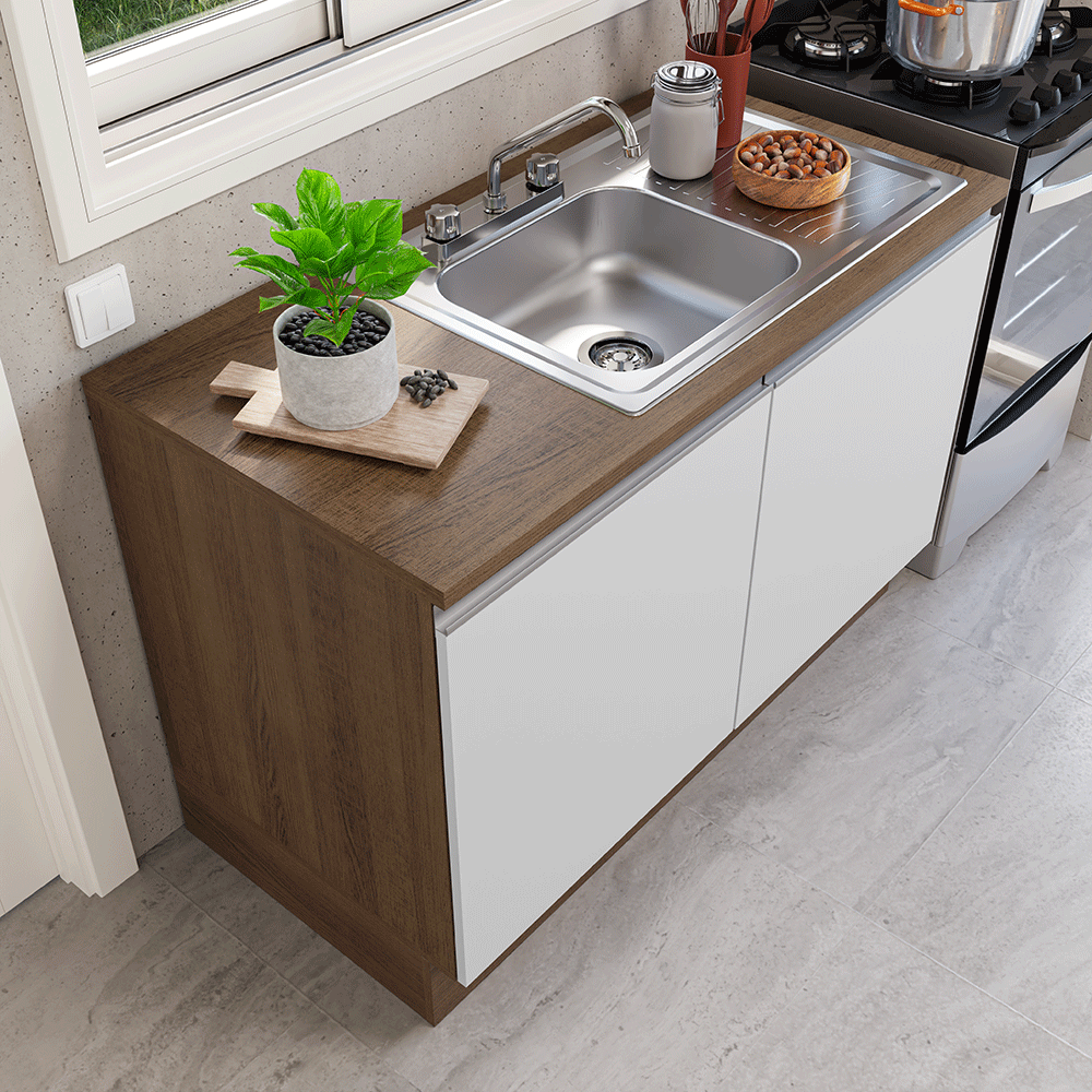Gabinete Bajo para Fregadero con Accesorios de Cocina 120 x 60 cm 2 Puertas (Con Encimera) Glamy Marrón/Blanco