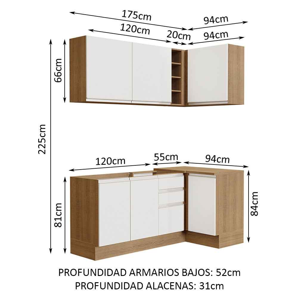 Cocina Integral Esquinera 269cm Marrón/Blanco Glamy Madesa 01