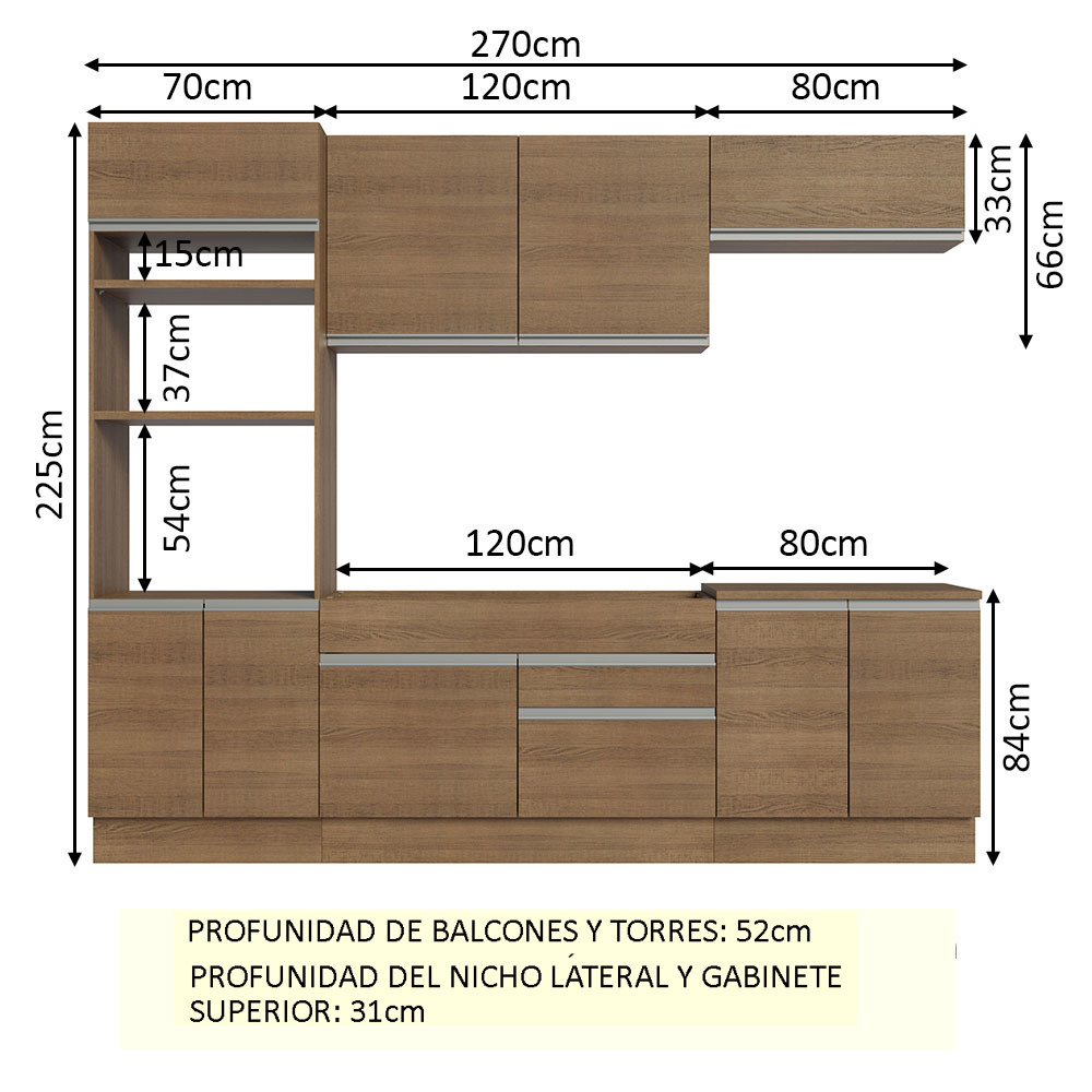 Cocina Integral 270cm Marrón Glamy Madesa 13