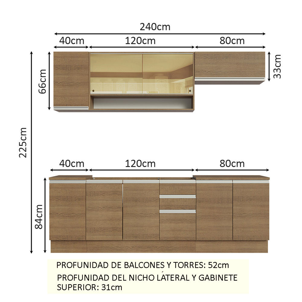 Cocina Integral 240cm Sin Mesón de Acero Marrón Glamy Madesa 03