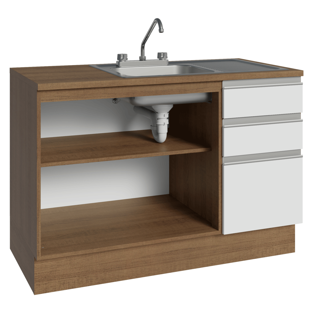 Gabinete Bajo para Fregadero con Accesorios de Cocina 120 x 60 cm 2 Puertas 3 Cajones (Con Encimera) Glamy Marrón/Blanco