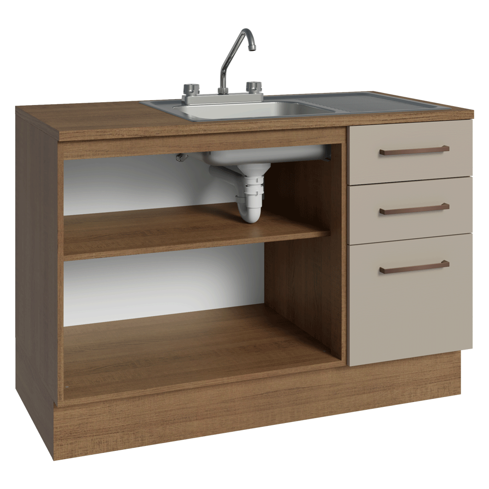 Gabinete Bajo para Fregadero con Accesorios de Cocina 120 x 60 cm 2 Puertas 3 Cajones (Con Encimera) Agata Marrón/Crema