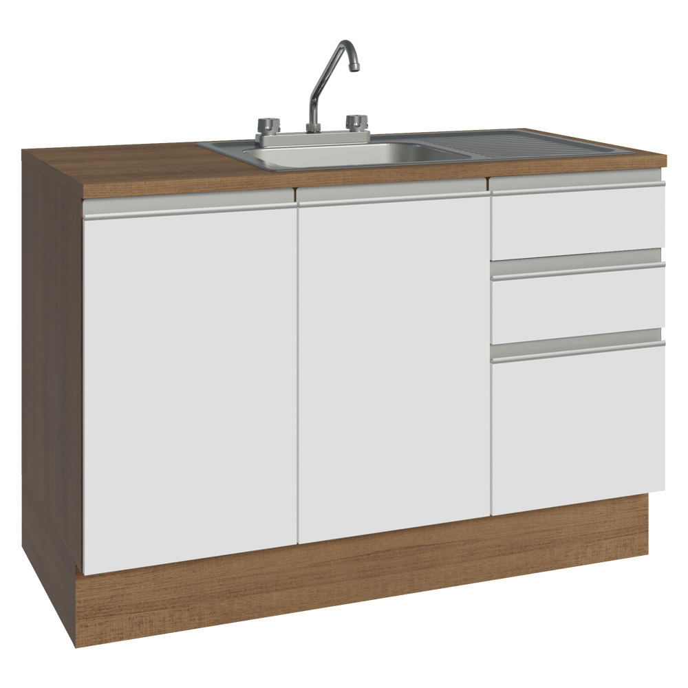 Gabinete Bajo para Fregadero con Accesorios de Cocina 120 x 60 cm 2 Puertas 3 Cajones (Con Encimera) Glamy Marrón/Blanco