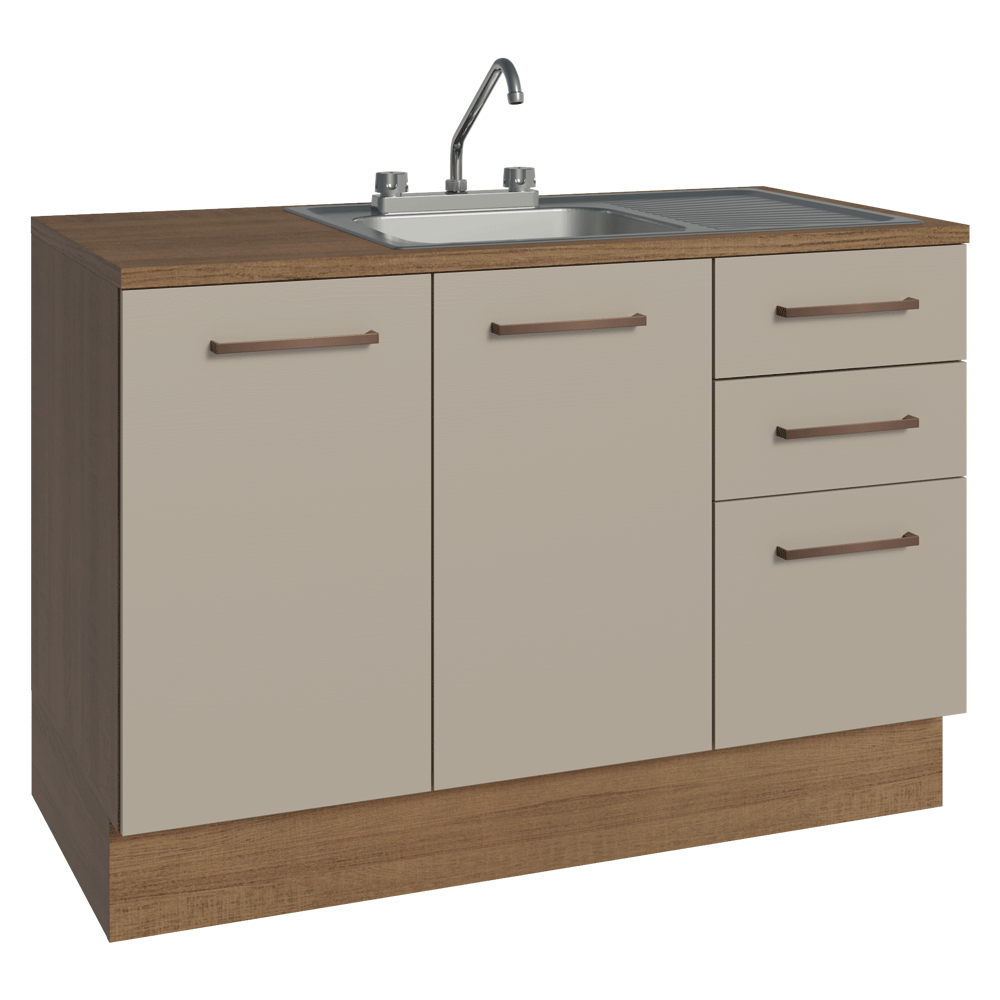 Gabinete Bajo para Fregadero con Accesorios de Cocina 120 x 60 cm 2 Puertas 3 Cajones (Con Encimera) Agata Marrón/Crema
