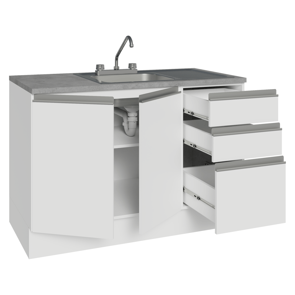 Gabinete Bajo para Fregadero con Accesorios de Cocina 120 x 60 cm 2 Puertas 3 Cajones (Con Encimera) Glamy Blanco