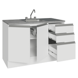 Gabinete Bajo para Fregadero con Accesorios de Cocina 120 x 60 cm 2 Puertas 3 Cajones (Con Encimera) Glamy Blanco