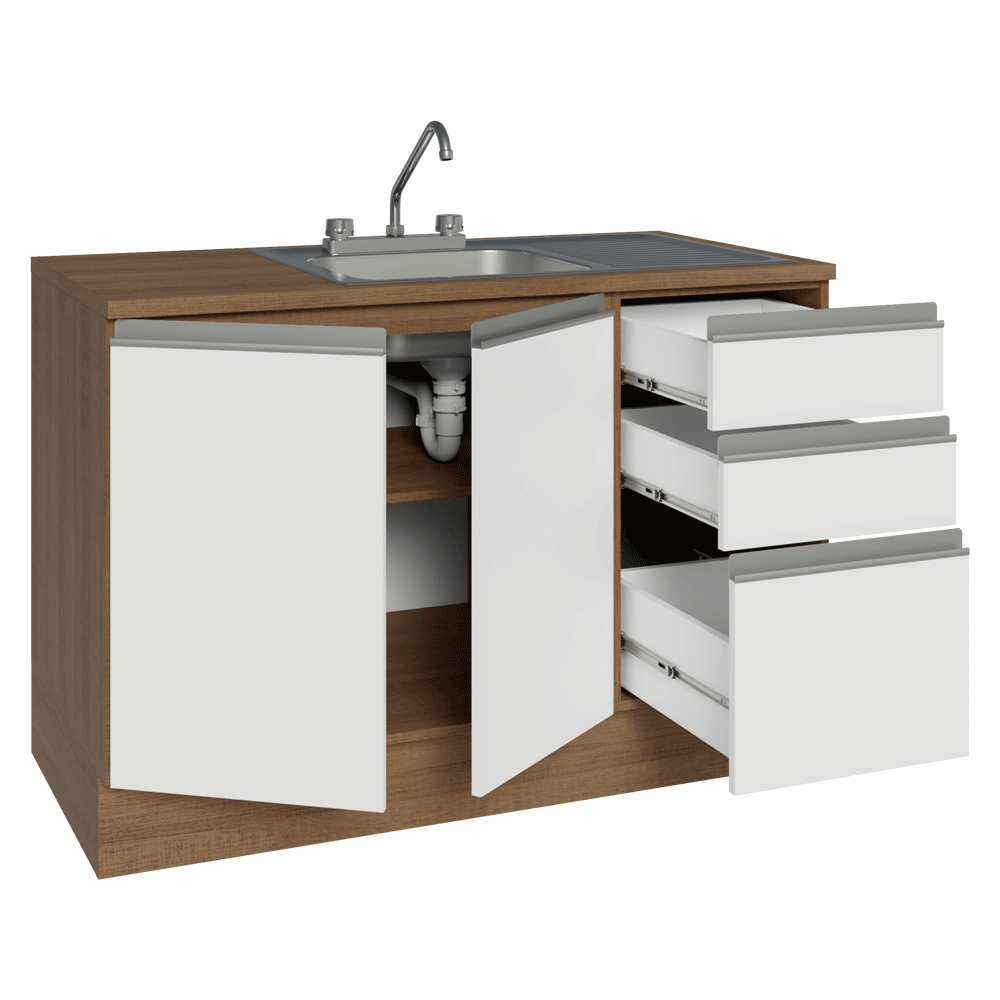 Gabinete Bajo para Fregadero con Accesorios de Cocina 120 x 60 cm 2 Puertas 3 Cajones (Con Encimera) Glamy Marrón/Blanco