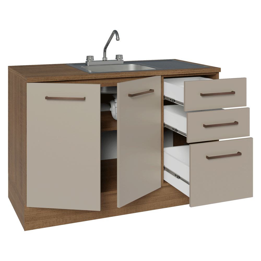 Gabinete Bajo para Fregadero con Accesorios de Cocina 120 x 60 cm 2 Puertas 3 Cajones (Con Encimera) Agata Marrón/Crema