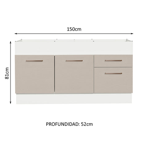 Mueble de Cocina Para Fregadero 150 cm 2 Puertas y 2 Cajones (Sin Tablero Ni Fregadero) Blanco/Crema Agata Madesa