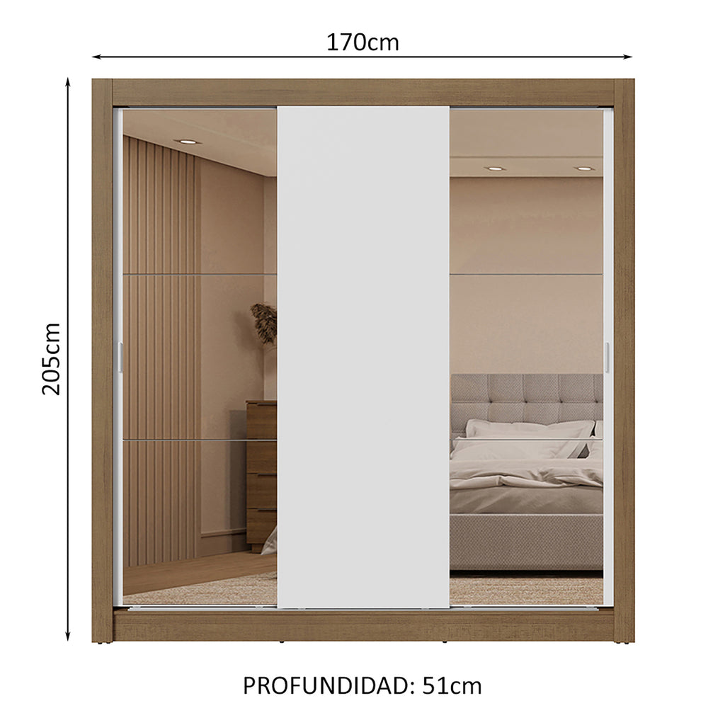 Clóset Matrimonial 170 cm 3 Puertas Corredizas Con 2 Espejos 2 Cajones Marrón/Blanco Sublime Madesa