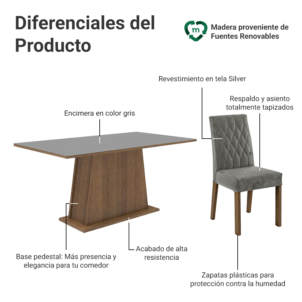 Juego de Comedor Mesa con Encimera de Madera 6 Sillas Marrón/Gris/Silver Britney