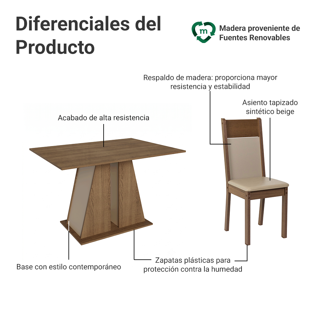 Juego de Comedor Mesa Encimera de Madera 6 Sillas Marrón/Crema/Beige Beverly