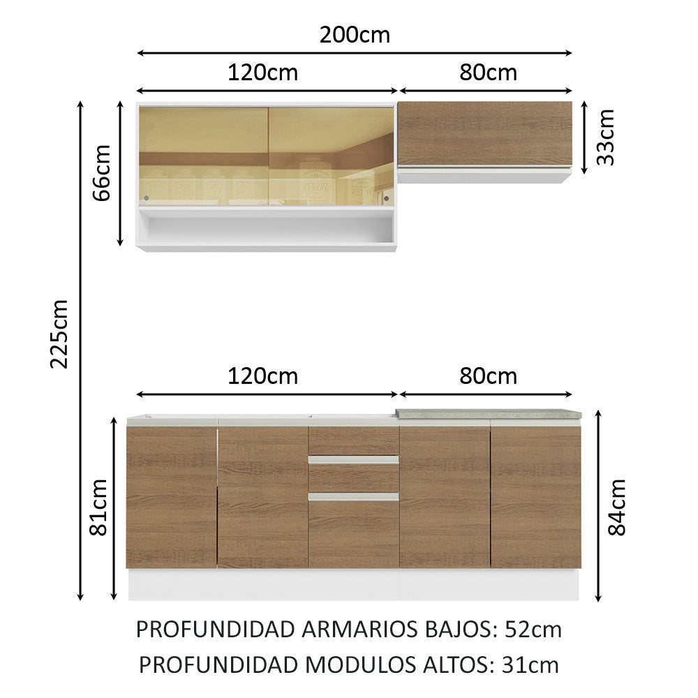 Cocina Integral con Fregadero 200cm Glamy 09 Blanco/Marrón