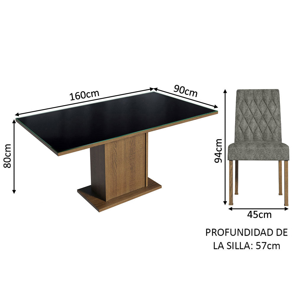 Conjunto de Comedor con Encimera Vidrio 6 Sillas Marrón/Negro/Silver Geórgia Madesa