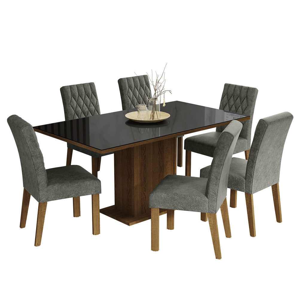 Conjunto de Comedor con Encimera Vidrio 6 Sillas Marrón/Negro/Silver Geórgia Madesa
