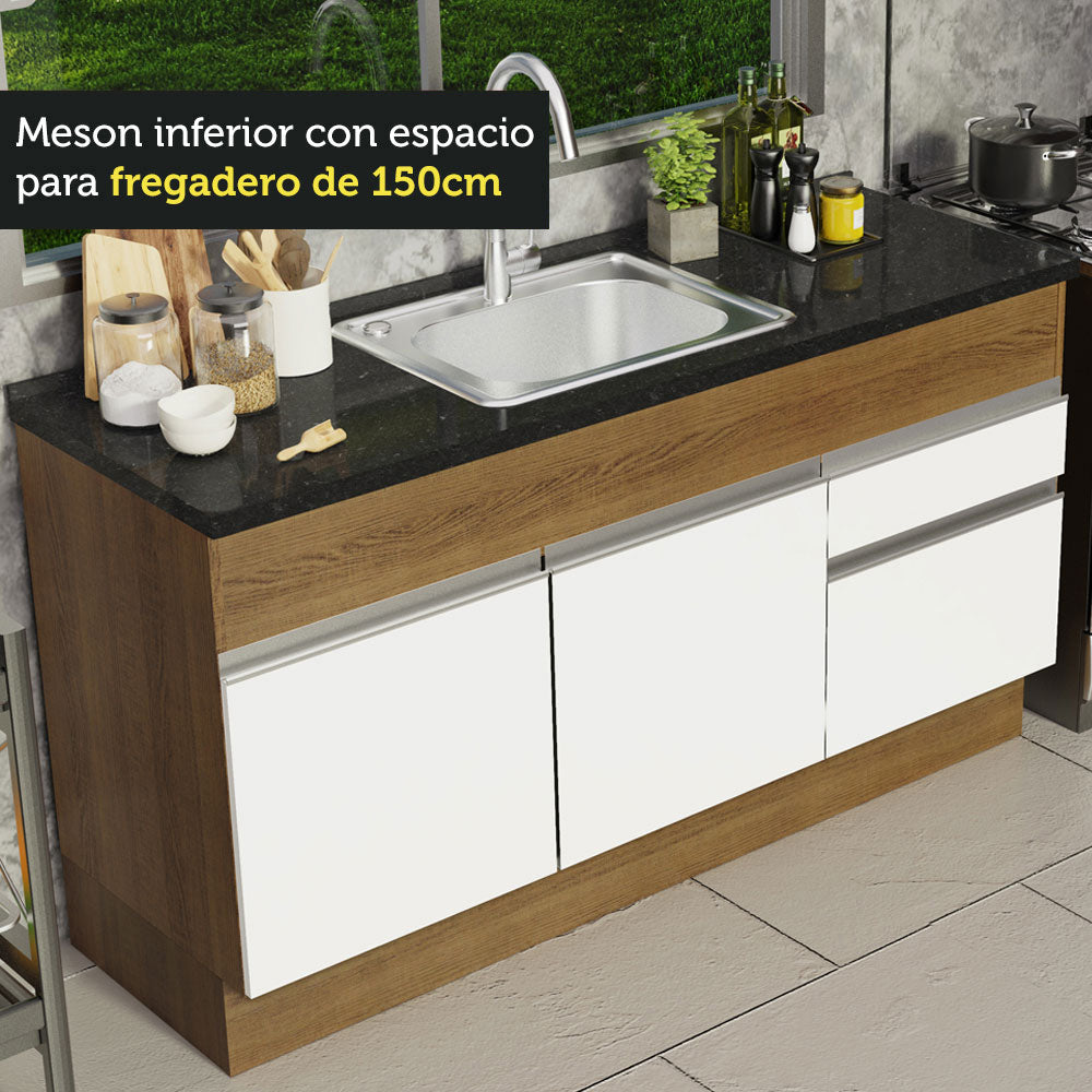 Gabinete Bajo para Fregadero 150 x 52 cm 2 Puertas 2 Cajones Sin Encimera Marrón/Blanco Glamy Madesa 01