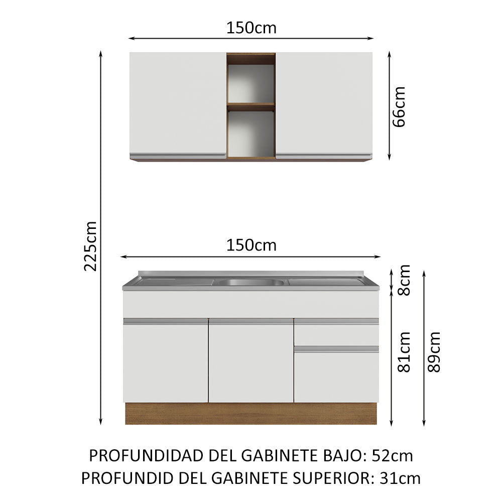 Cocina Integral Glamy con Tarja 150cm Marrón/Blanco