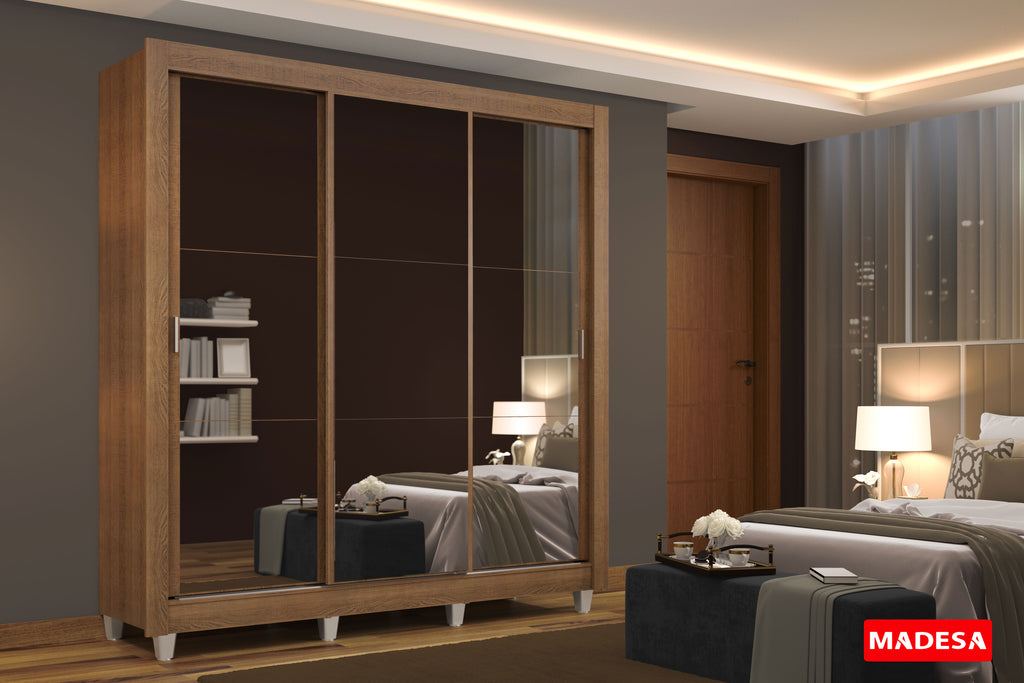 Clóset Matrimonial 170 cm 3 Puertas Corredizas Con 3 Espejos con Patas Marrón Monaco Madesa