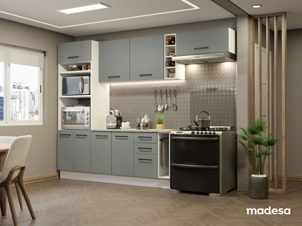 Cocina Integral 290 x 52 cm 8 Puertas 3 Cajones Con Mueble para Horno Blanco/Gris Agata Madesa 04