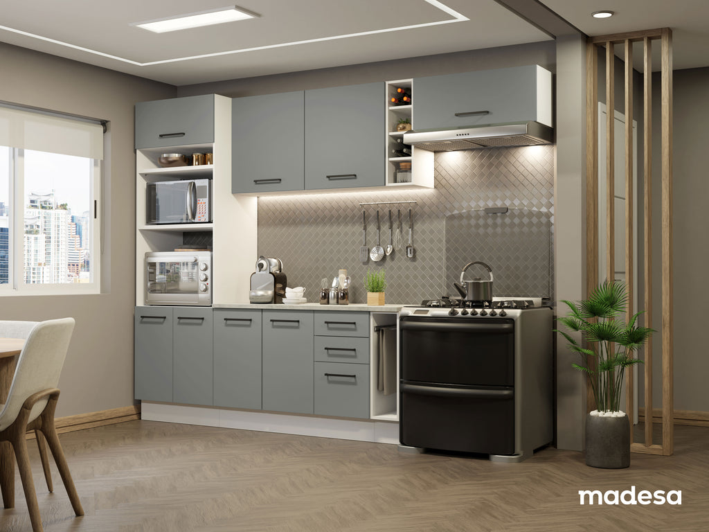 Cocina Integral 290 x 52 cm 8 Puertas 3 Cajones Con Mueble para Horno Blanco/Gris Agata Madesa 04