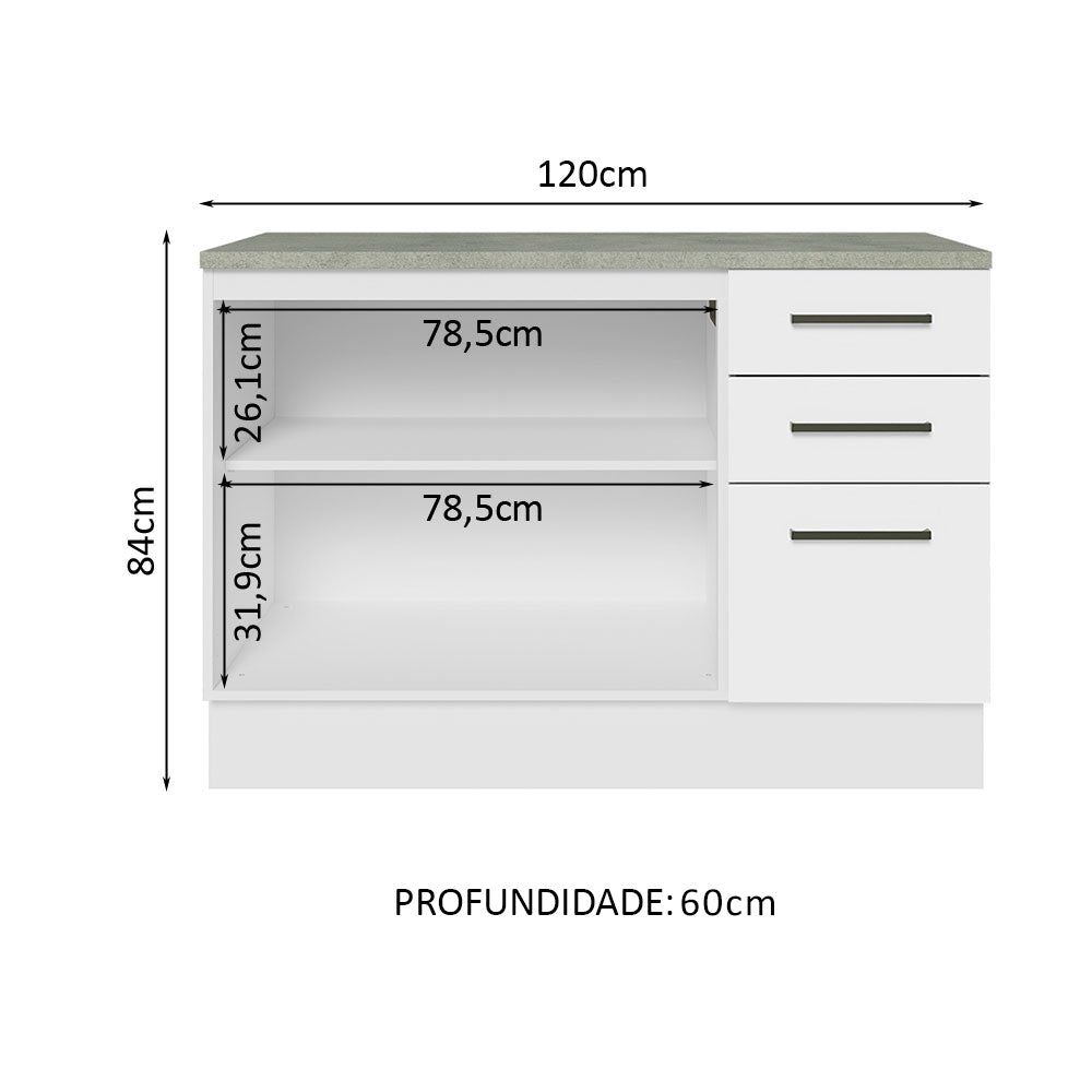 Gabinete Bajo 120 x 60 cm 2 Puertas 3 Cajones Blanco Agata Madesa