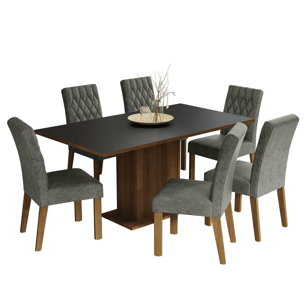 Juego de Comedor Mesa con Encimera de Madera 6 Sillas Marrón/Negro/Silver Hanna