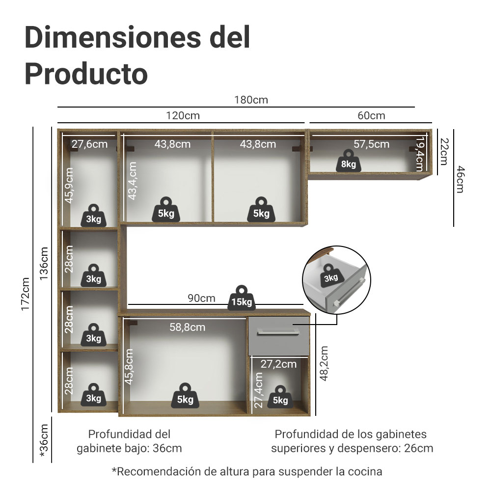 Cocina Integral 180cm Marrón/Gris Easy