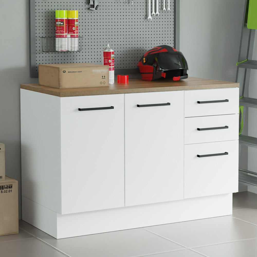 Gabinete Bajo Multiuso 120 cm 2 Puertas 3 Cajones Blanco/Marrón Madesa