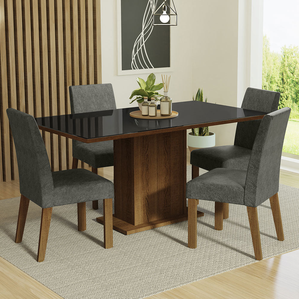 Juego de Comedor con Mesa con Encimera Vidrio y 4 Sillas Marrón/Negro/Silver Avril