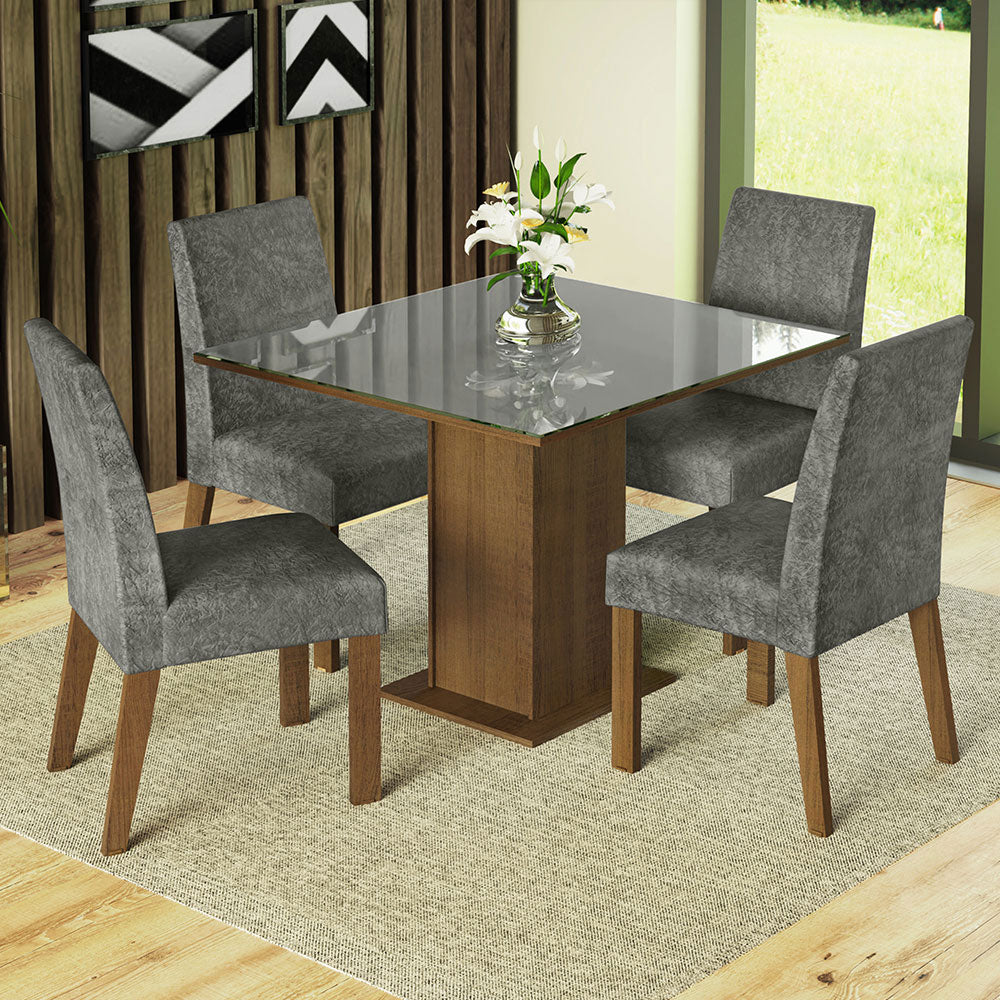 Conjunto de Comedor con Encimera Vidrio 4 Sillas Marrón/Gris/Silver Anne Madesa