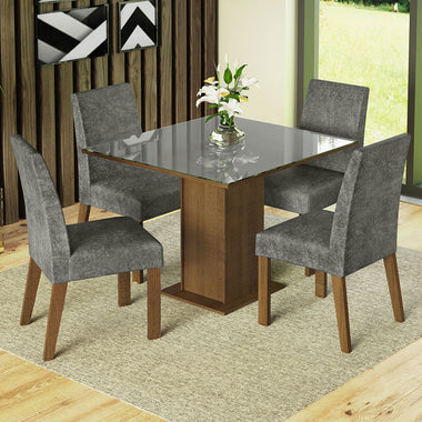 Conjunto de Comedor con Encimera Vidrio 4 Sillas Marrón/Gris/Silver Anne Madesa