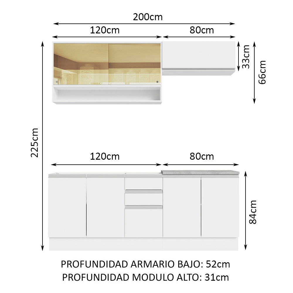 Cocina Integral con Fregadero 200cm Glamy 09 Blanco