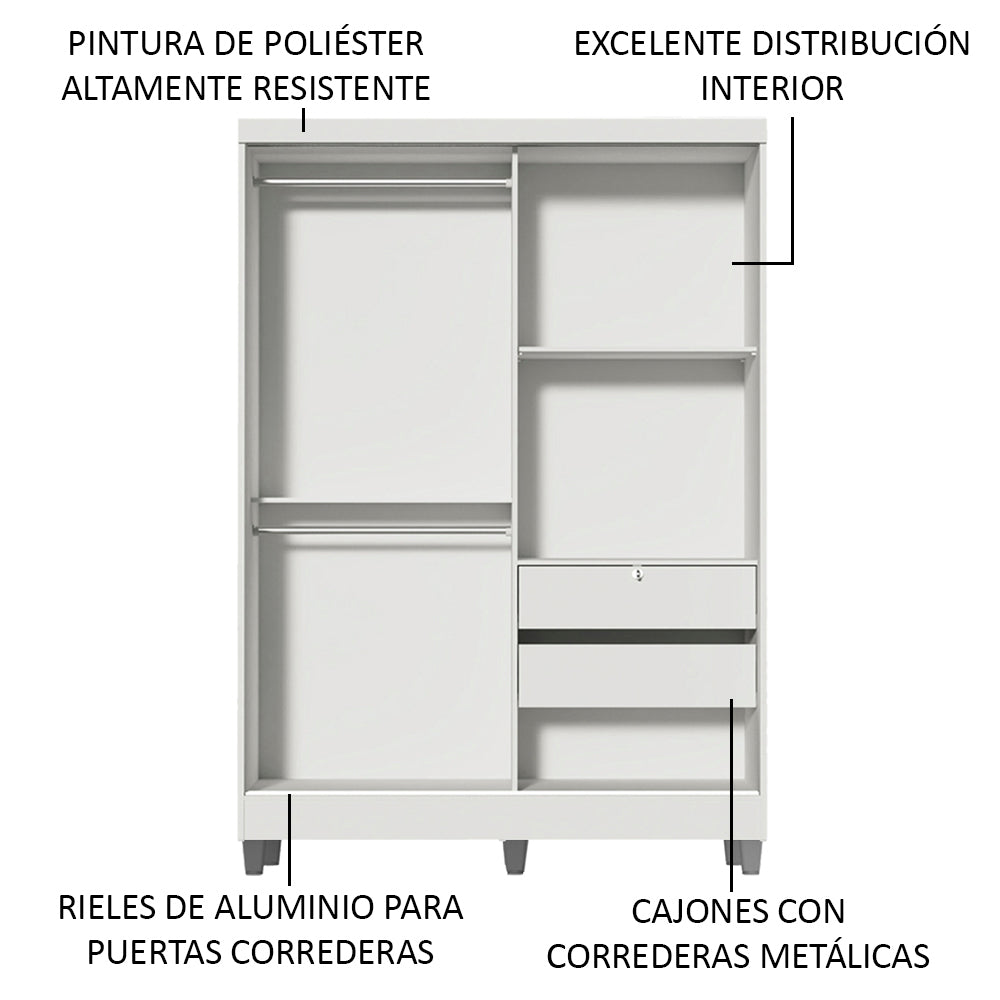 Clóset Soltero Luke 2 Puertas Corredizas Espejo con Pies Blanco