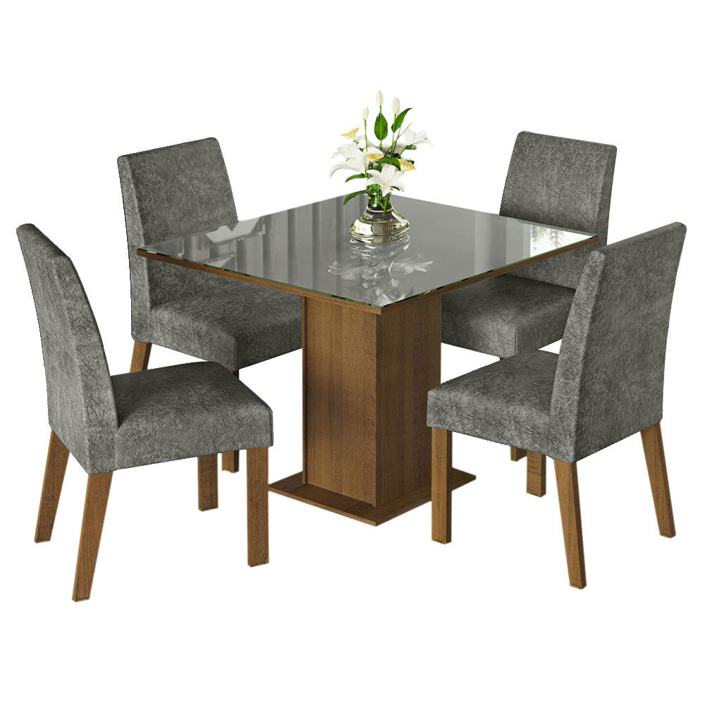 Conjunto de Comedor con Encimera Vidrio 4 Sillas Marrón/Gris/Silver Anne Madesa