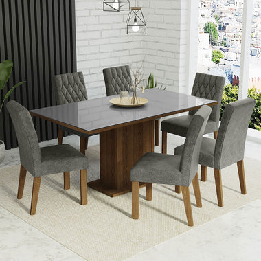 Conjunto de Comedor con Encimera Vidrio 6 Sillas Marrón/Gris/Silver Geórgia Madesa