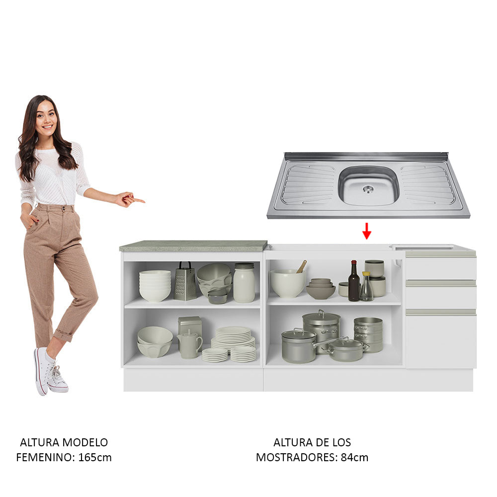 Mueble de Cocina 200cm Con Tarja Glamy Blanco