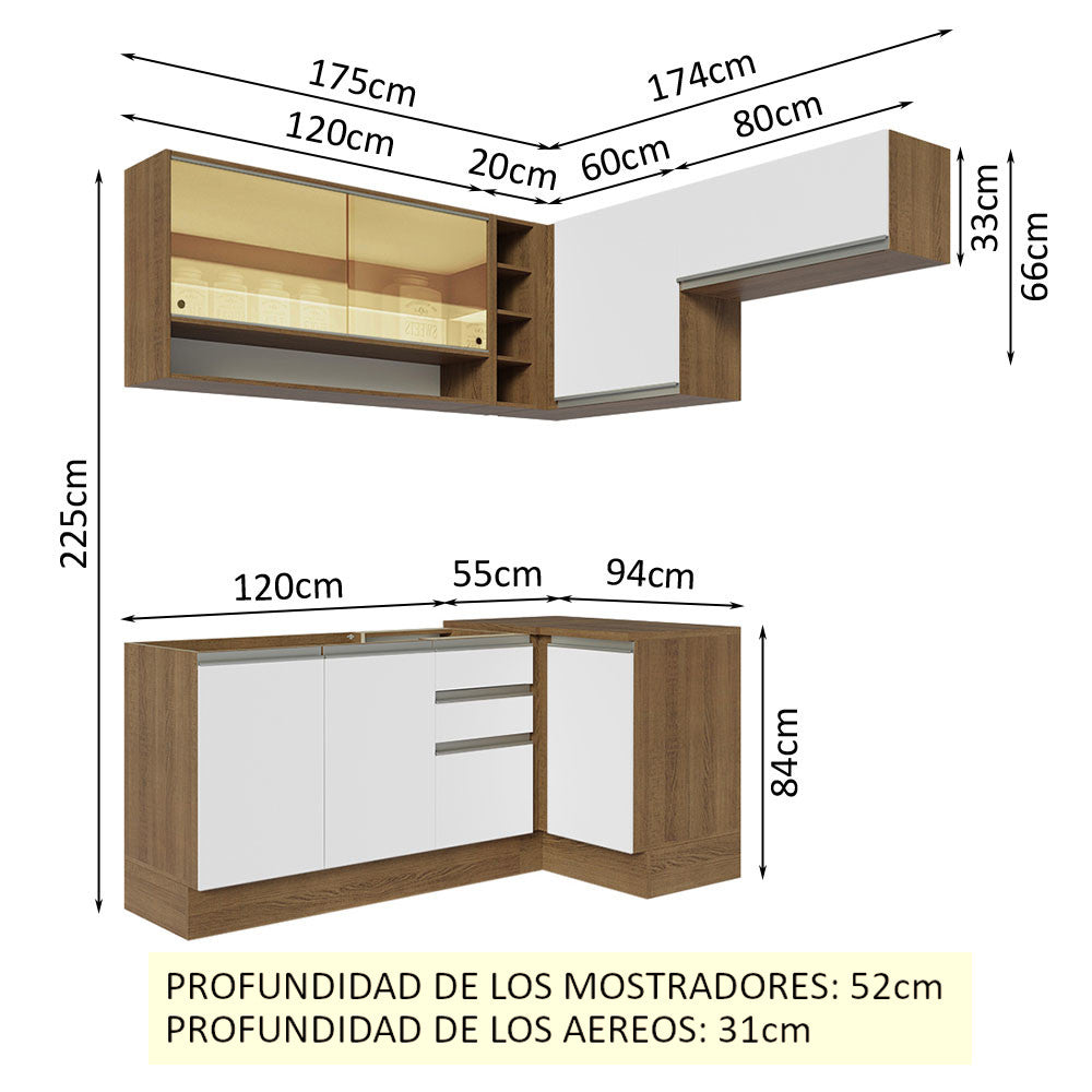 Cocina Integral Esquinera 349cm Marrón/Blanco Glamy Madesa 06