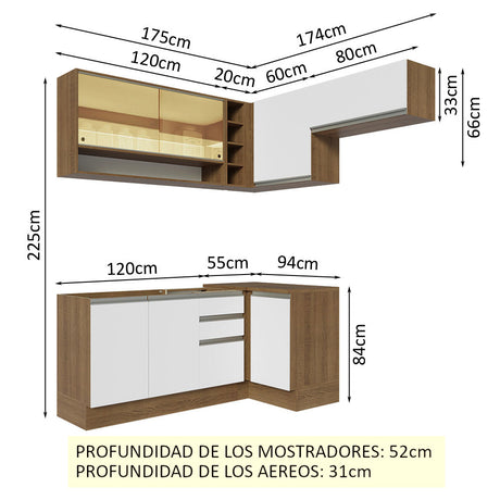 Cocina Integral Esquinera 349cm Marrón/Blanco Glamy Madesa 06