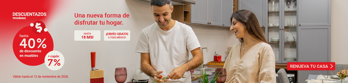 Pareja preparando alimentos en una cocina Madesa. Descuentazos: hasta 40% de descuento en muebles, cupón adicional del 7%, hasta 18 MSI y envío gratis a todo México. Válido hasta el 12 de noviembre de 2026.