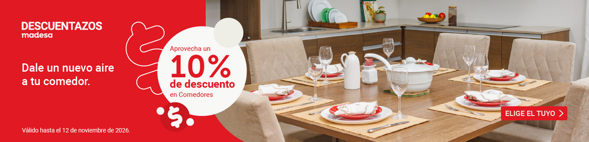 Mesa de comedor Madesa preparada para compartir en familia. Aprovecha 10% de descuento en Comedores. Válido hasta el 12 de noviembre de 2026.