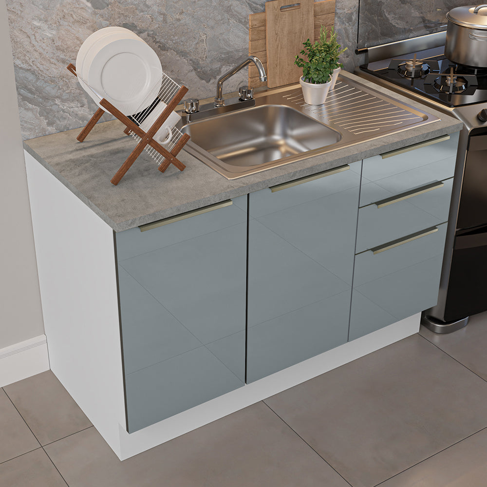 Gabinete Bajo para Fregadero con Accesorios de Cocina 120 cm 2 Puertas 3 Cajones Blanco/Gris Lux Madesa