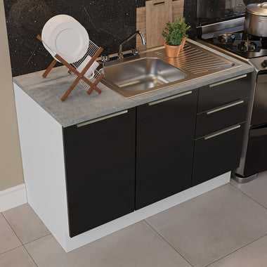Gabinete Bajo para Fregadero con Accesorios de Cocina 120 cm 2 Puertas 3 Cajones Blanco/Negro Lux Madesa